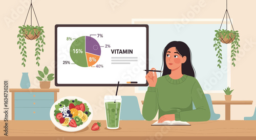 Woman analyzes vitamin intake from healthy food sources shown in a pie chart diagram