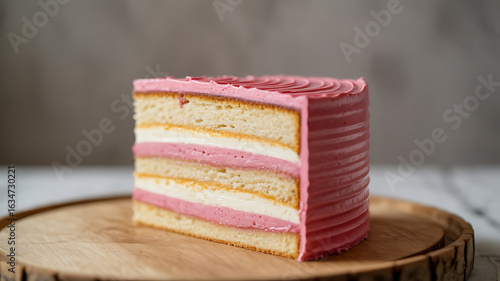Pink-frosted cake slice with layers of yellow and white.
