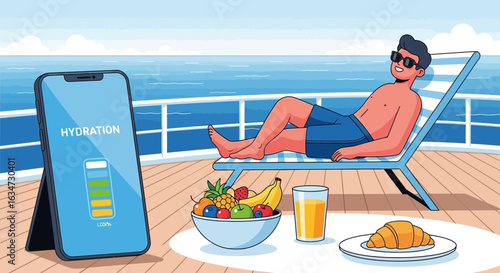 Relaxing seaside vacation with smartphone reminding to stay hydrated all day