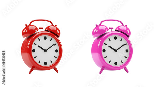 Vibrant Red and Pink Alarm Clocks Isolated on Black Background
