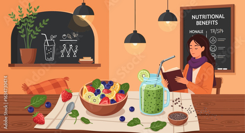 A serene morning scene with a woman reading, accompanied by a healthy breakfast and green smoothie