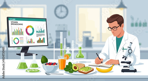 Scientist analyzing vitamin breakdown data and healthy food in laboratory setting portraying