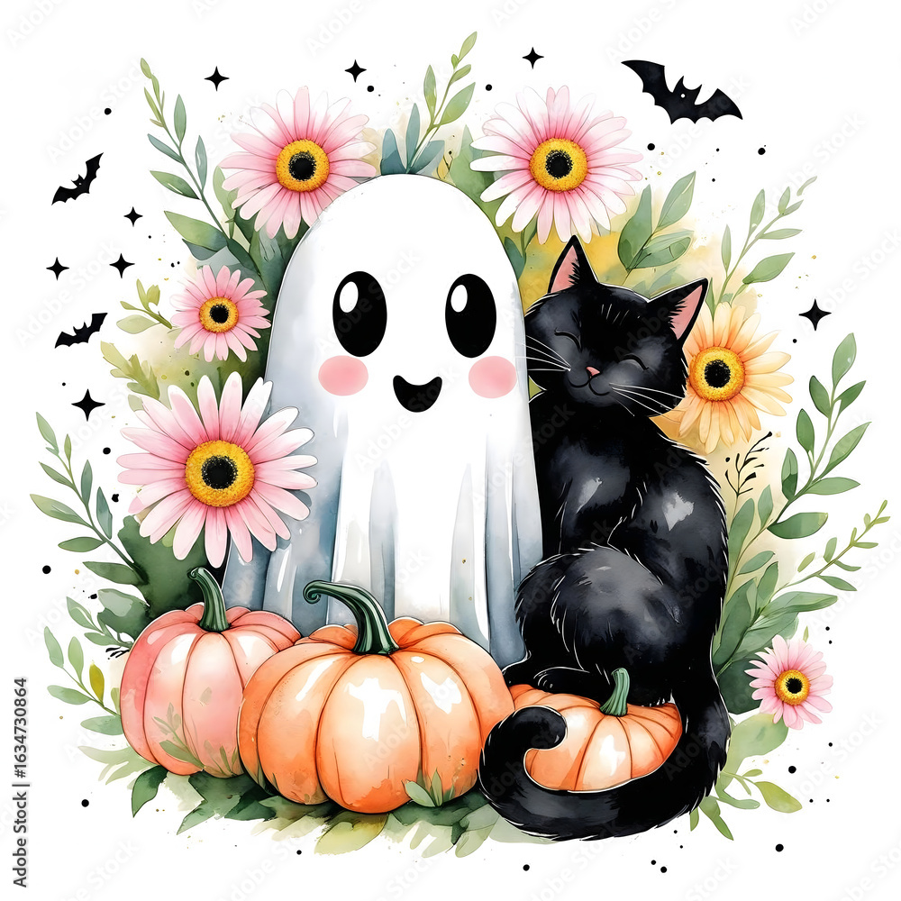 Fototapeta premium Cute kitten and black cat cartoon illustration with a pumpkin for Halloween