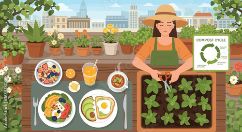 Rooftop oasis: A woman cultivating her urban garden and enjoying a healthy breakfast