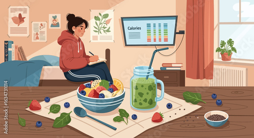 Healthy lifestyle tracking with calorie monitor, fruit bowl, and nutritious smoothie