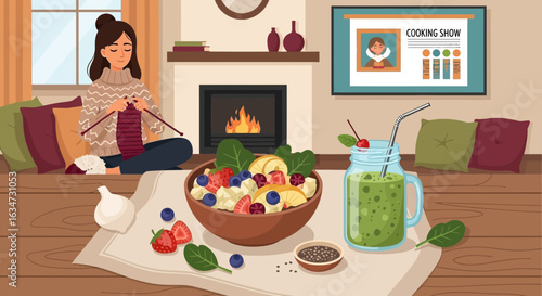 Cozy Lifestyle Illustration: Woman Knitting by Fireplace with Healthy Food Choices