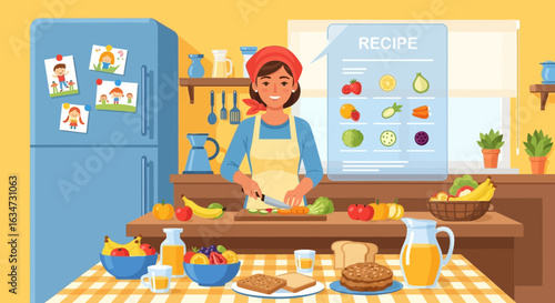 Woman preparing healthy meal in kitchen with digital recipe display illustration