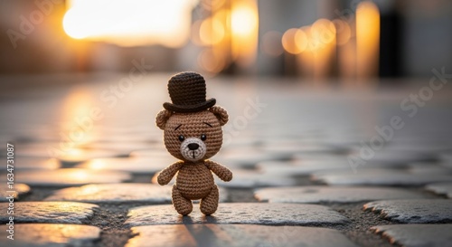 Fototapeta Naklejka Na Ścianę i Meble -  Tiny knitted bear with a top hat on cobblestone street