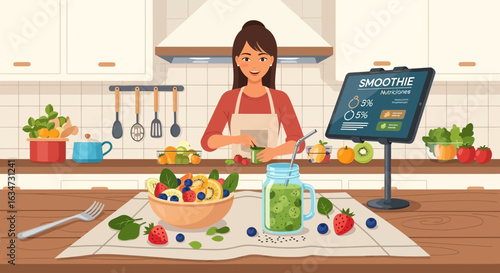 Healthy Lifestyle: Woman Making Green Smoothie in Kitchen with Tablet Displaying Nutrition
