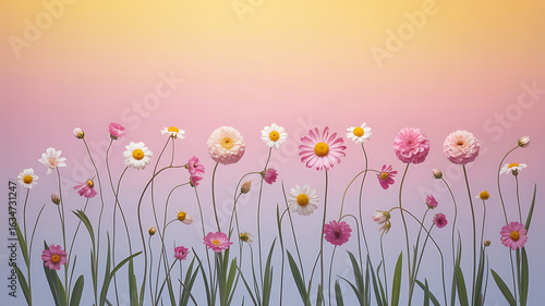 Row of delicate pink and white flowers against a pastel sunrise.
