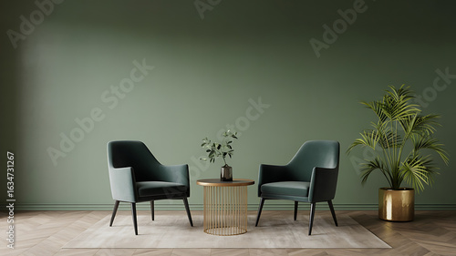 Green room with two matching armchairs and a small table.
