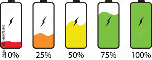 Set of mobile phone battery icons with different percentage variations, transparent background