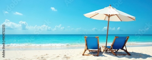 Classic blue beach chairs and umbrella on sandy beach , carefree, blue, relaxation