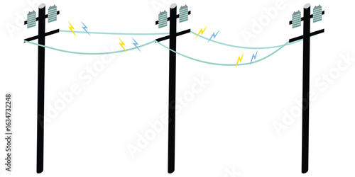 Illustration of Electrical Power Lines with Lightning Symbols Highlighting Energy Flow