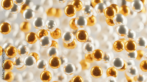 Gold and white spheres, a swirling abstract design.
