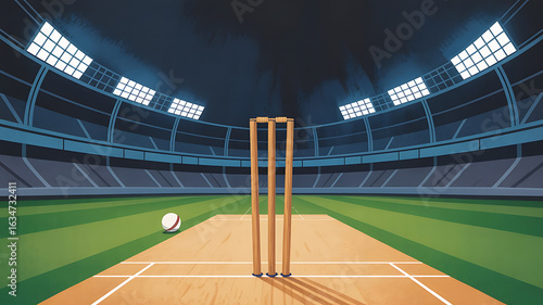 Cricket pitch in a large stadium at night.
