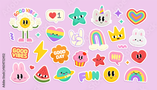 Cute Rainbow Kawaii stickers set. Adorable kawaii sticker set with rainbow unicorn, hearts, happy bunny, kitten, and good vibes quotes. Bright and fun vector stickers collection 