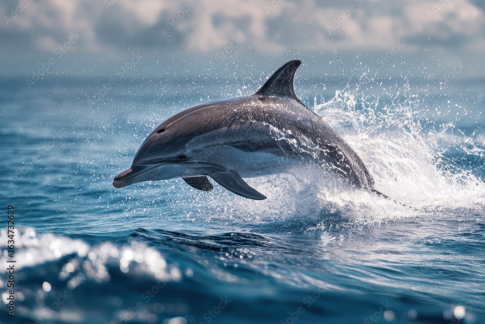 Fototapeta premium Dolphin leaping gracefully from the ocean waves in a vibrant display of agility and playfulness during a sunny day at sea