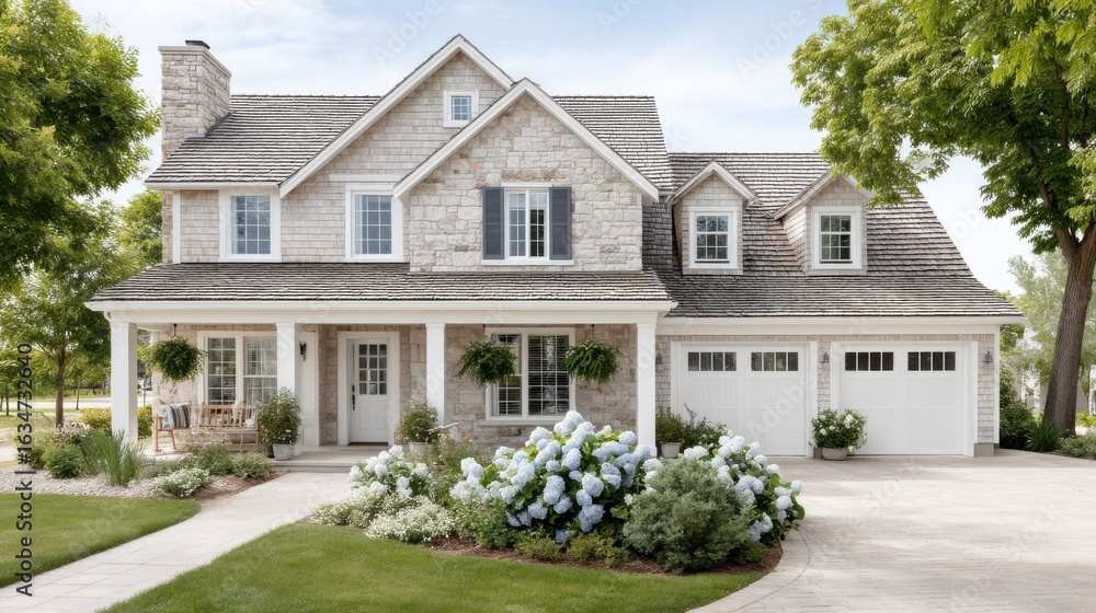 Obraz premium Charming Two-Story House with Stone Facade and Landscaped Yard