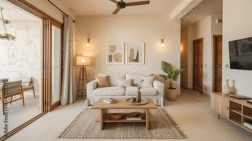 Light-filled living room with beige tones and natural wood.
