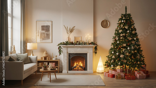 Cozy Christmas living room with fireplace and tree.
