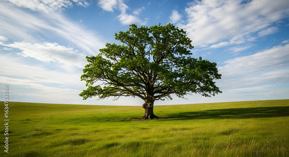 Obraz premium Majestic Oak: A grand oak tree stands tall and proud, its verdant canopy spreading wide against a backdrop of blue sky and fluffy clouds.