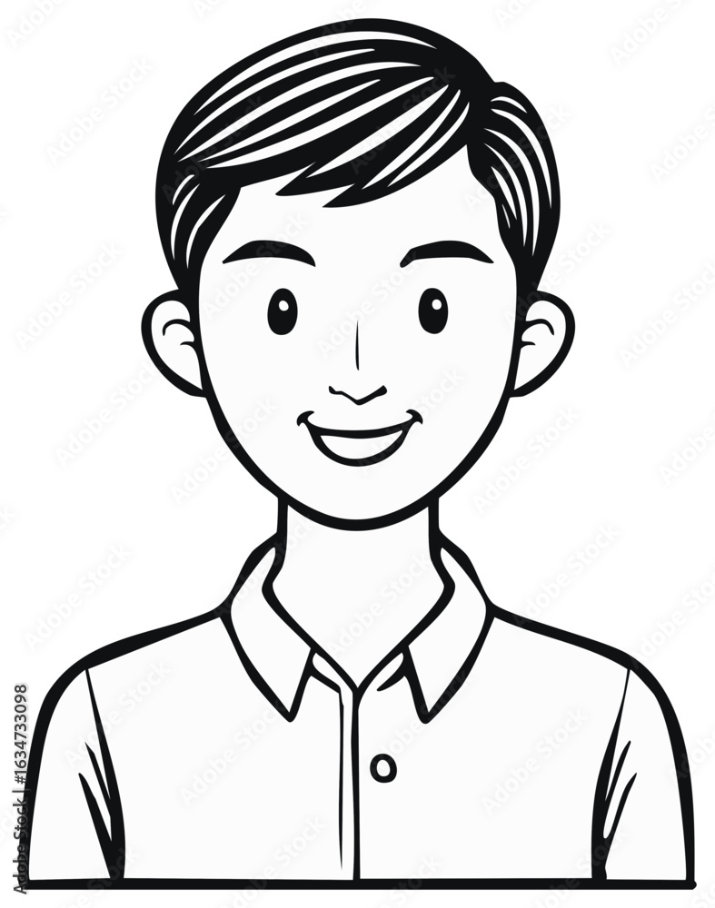 Friendly young man with a smiling face and short hair, depicted in a clean line art illustration. Friendly young man with a smiling face and short hair, depicted in a clean line art illustration.