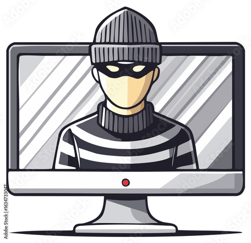 Cartoon hacker wearing a striped sweater on a monitor, computer security theme