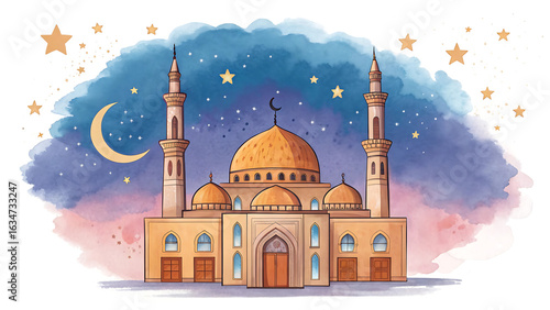 Illustration of a mosque with crescent moon and stars against a watercolor sky background