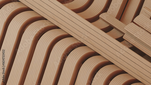 Abstract design of curved, layered wood panels.
