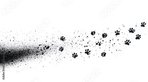 Trail of Black Paw Prints Dissolving into Dust on White Background 
