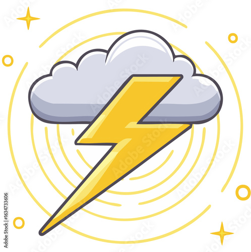 Cartoon cloud and lightning bolt surrounded by stars and golden light swirls, symbolizing weather phenomenon.