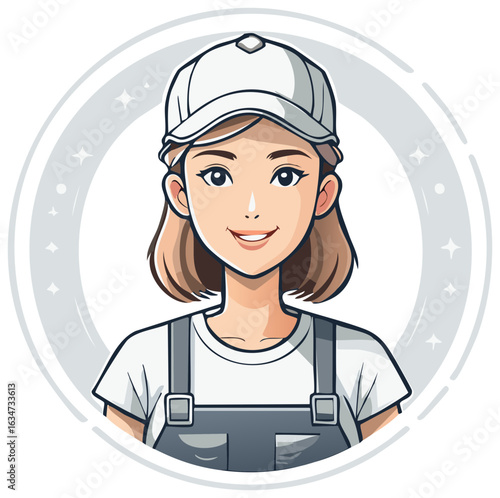Smiling woman in cap and overalls illustrated portrait in circle emblem