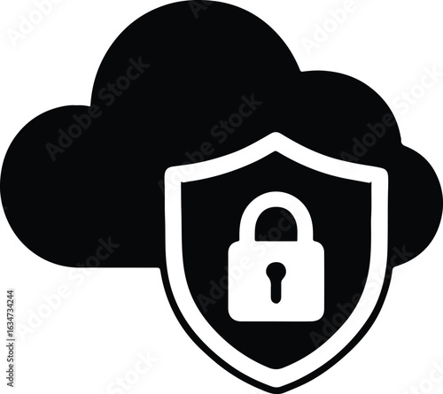 Cloud security shield with lock ensuring data protection and privacy in a digital network system