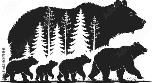 Grizzly Bear Family Silhouette with Pine Forest – Black and White Minimalist Wildlife Illustration