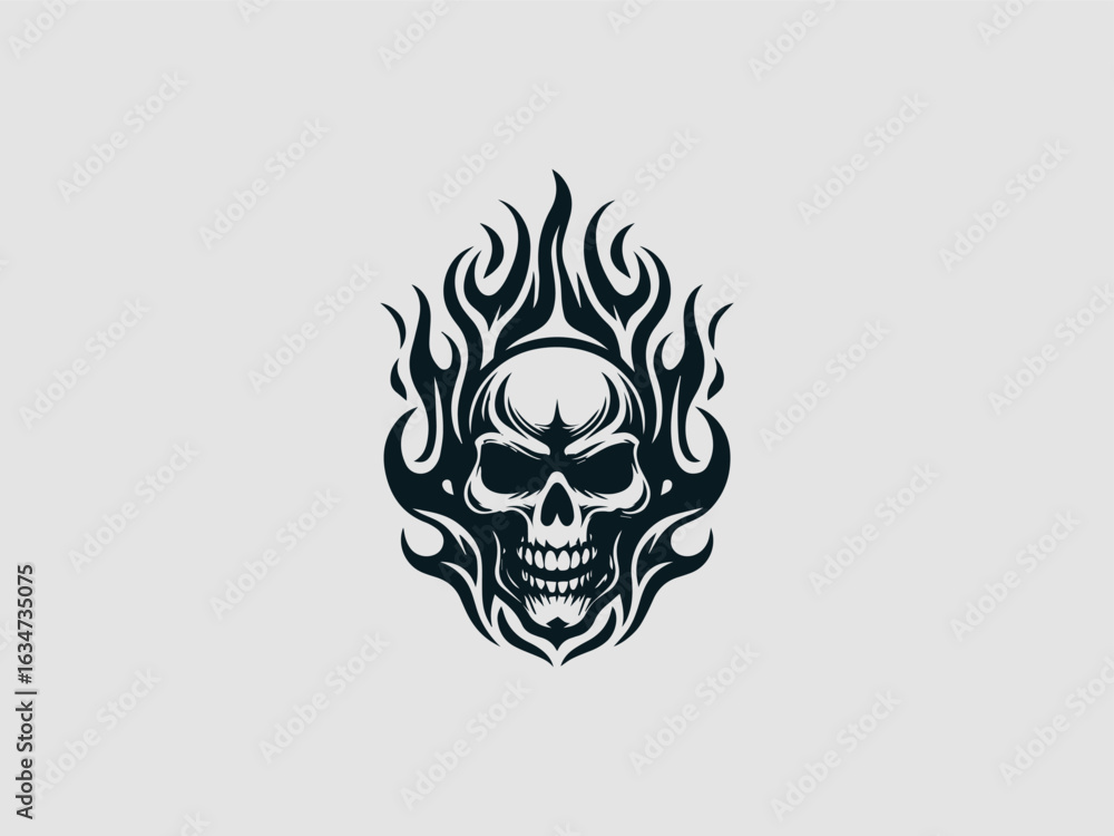 Obraz premium A fiery black and white skull with flames for hair and glowing eyes on a clean white background for halloween
