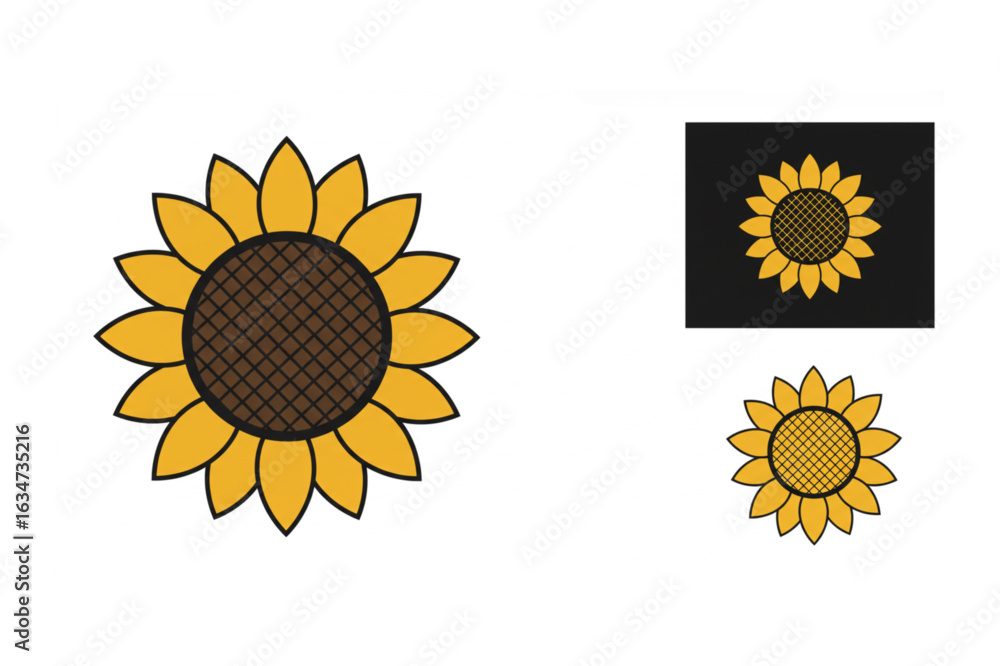 Fototapeta premium Cheerful sunflower icon set, simple yet striking floral design perfect for summer projects and branding needs