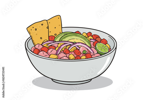 A vibrant illustration of Ecuadorian ceviche in a bowl, garnished with tortilla chips, lime, and red onion.  Cheerful and appetizing, perfect for food-related marketing.