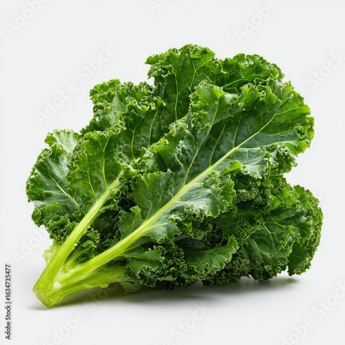 A vibrant bunch of dark green kale leaves, fresh and crisp, rests on a plain white background.  Its thick, textured leaves show detail