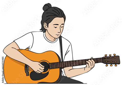 woman plays acoustic guitar focused and serene Text overlay features lyrics in Swahili and English Illustration style vibrant orange background  Ideal for music culture and pride themes
