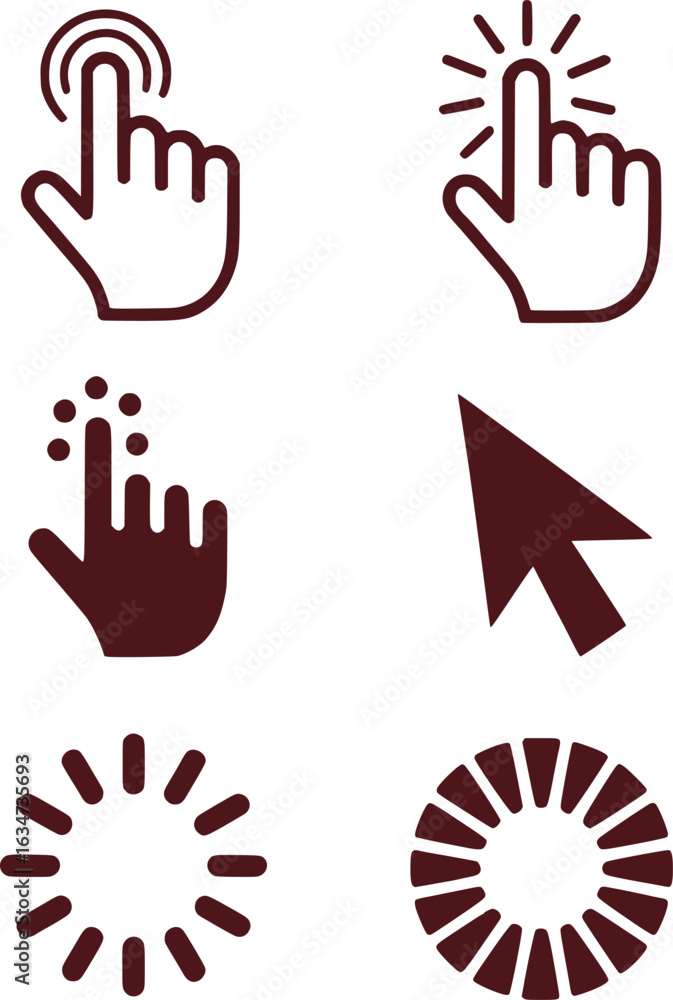 Fototapeta premium Elegant Collection of User Interface Icons Representing Touch Gestures, Loading Animations, and Standard Mouse Pointer for Digital Devices and Software Applications