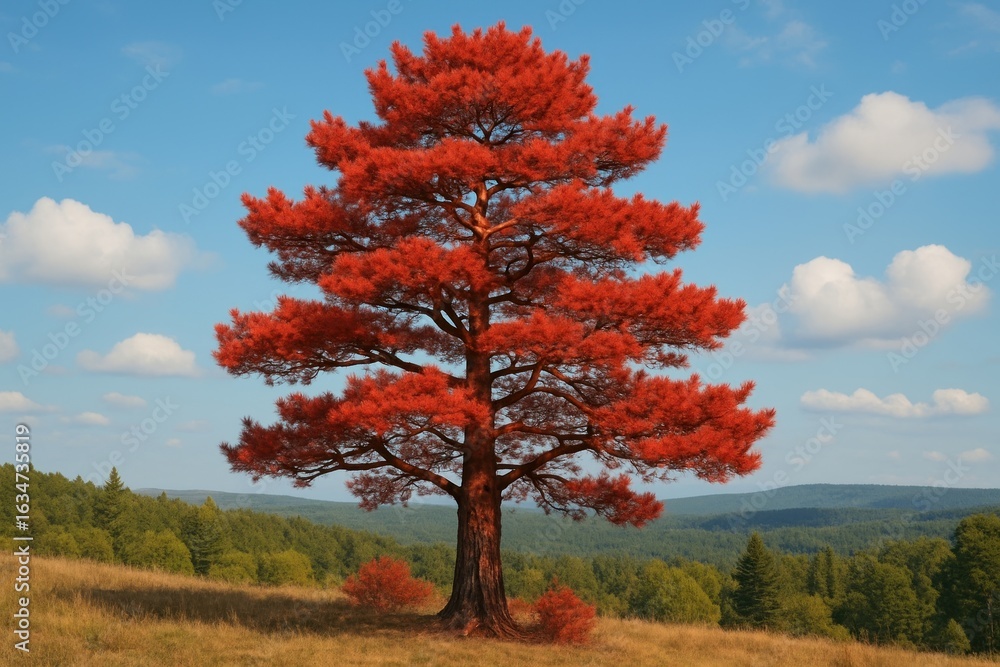Fototapeta premium Vibrant red tree in landscape