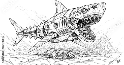 Mechanical shark emerges from wreckage, a stunning artistic illustration of power and destruction