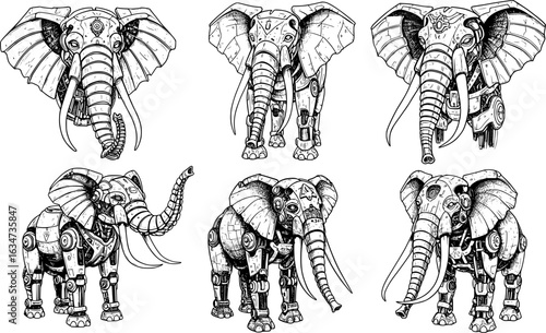 Steampunk elephant illustrations: Futuristic animal design, creative art for unique projects