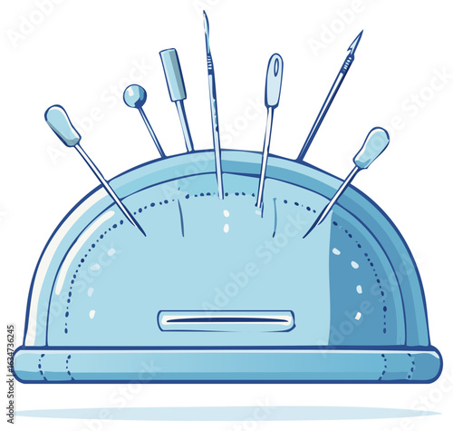 Pincushion with assorted sewing needles in blue tones, sewing and tailoring supplies illustration