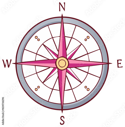 Pink Compass Rose Cartoon Graphic: Navigation Symbol with Rose Pointing North East South West