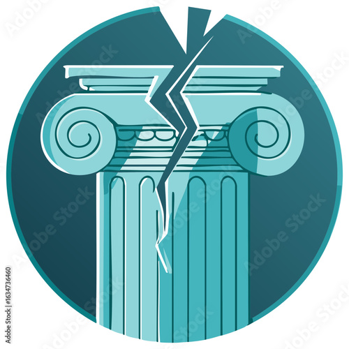 Cracked pillar icon, ancient Greek column damaged, symbol of loss and failure concept.