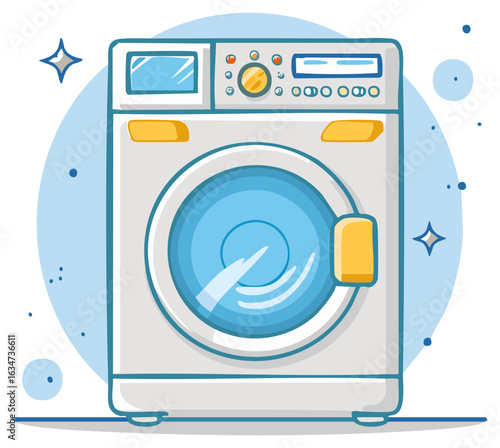 Clean sparkling washing machine cartoon illustration. Modern front load appliance for laundry and housework concepts.