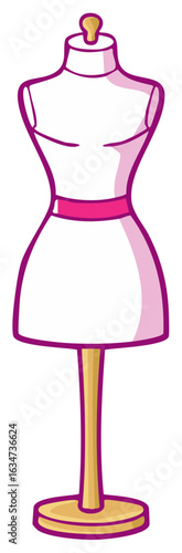 Cartoon dress form illustration with pink and gold stand for fashion design