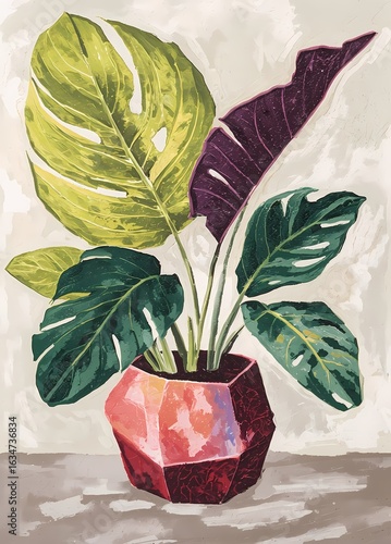 Oil painting wall art, showing a houseplant with large leaves in a geometric pot.